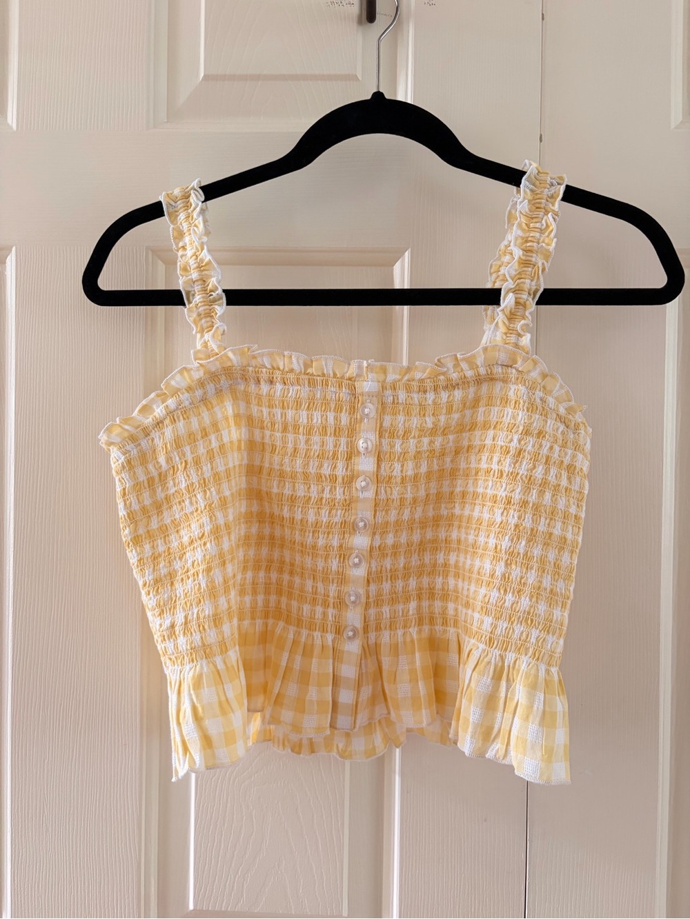 American Eagle Outfitters Yellow Gingham Smocked Ruffle Crop Top